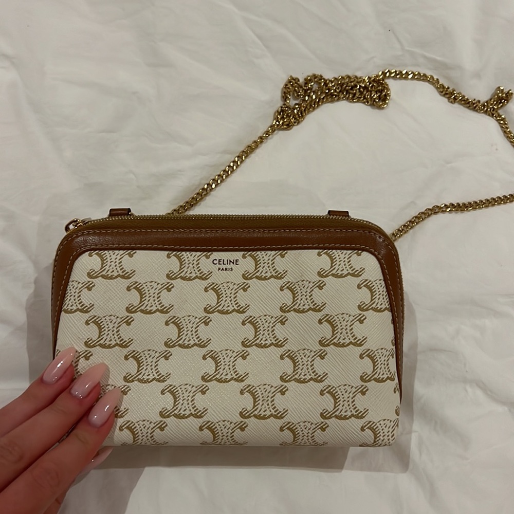 COPY - Clutch with chain in triomph canvas and lambskin white/brown - Picture 5 of 10